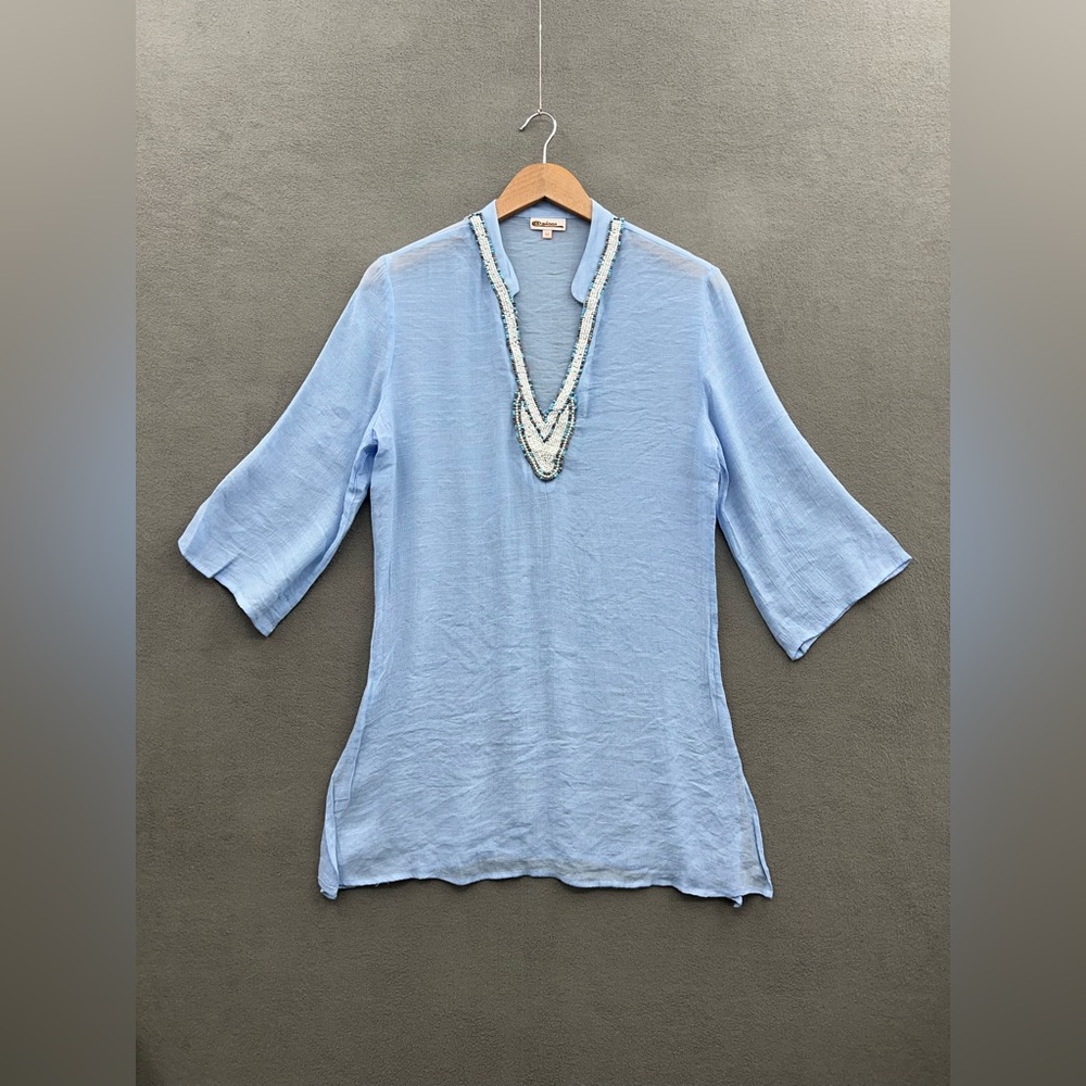 AZUCAR Women’s Medium Sheer Tunic Or Beach Cover Up Blue With Beading